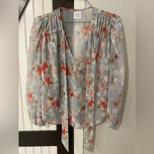 Beautiful Sheer Sleeve Misa Floral Chiffon Key Hole Tie in Front XS